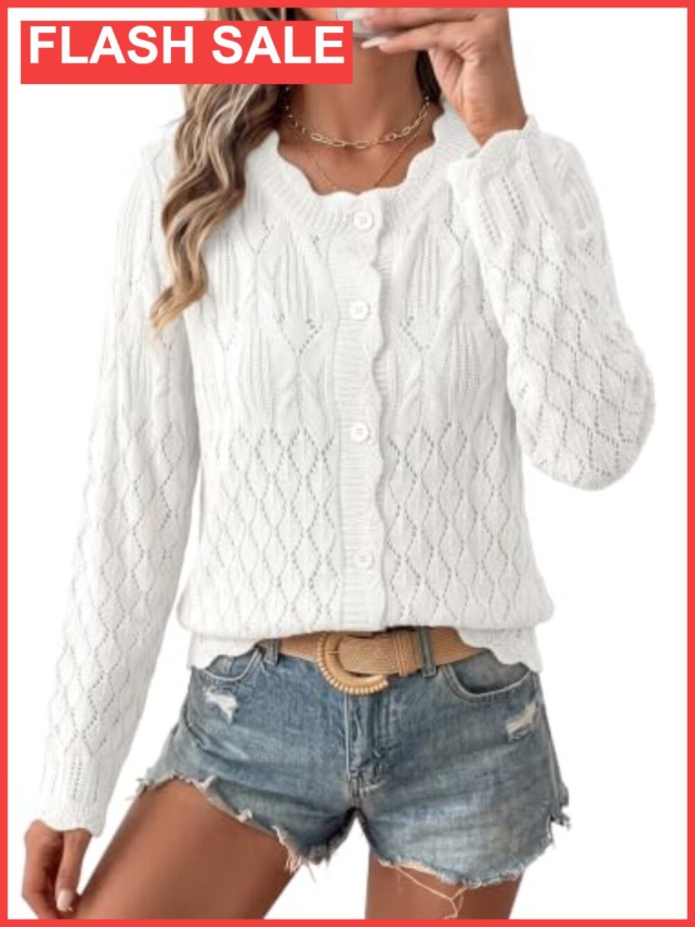 Hollow Out Knit Button Down Cardigan Sweater Ruffle Long Sleeve